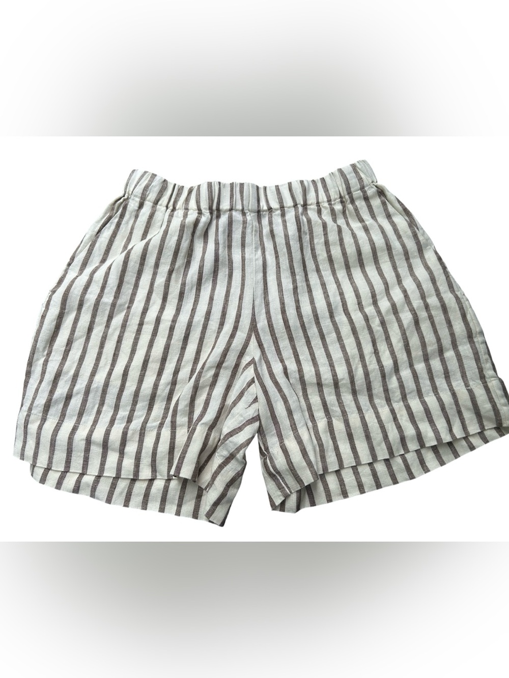 Faherty Women's Laguna Linen Bayview Mini Shorts in Cocoa Grove Stripe Sz Small